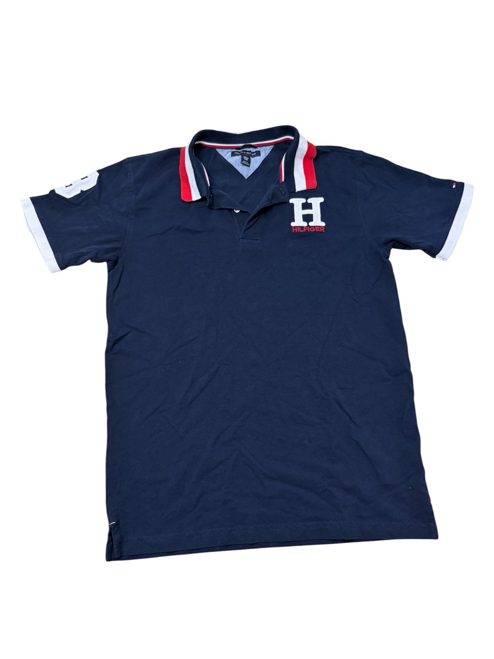 Tommy Hilfiger Navy Polo with Red and White Collar Trim Great Condition XL 20